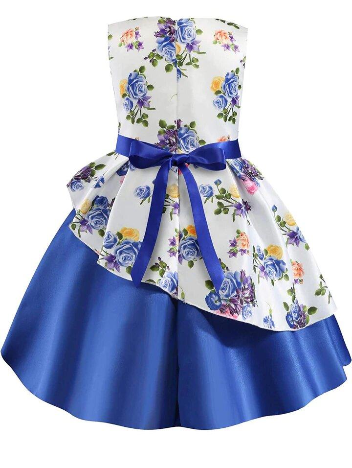 Floral Printed Frock Blue Dress For Baby Girl's & Girl's  Size 3-4