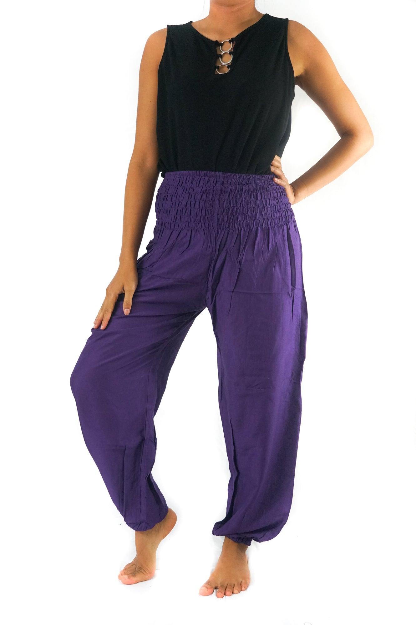 Pantalones bohemios morados para mujer, pantalones hippies, pantalones de yoga, pantalones harén