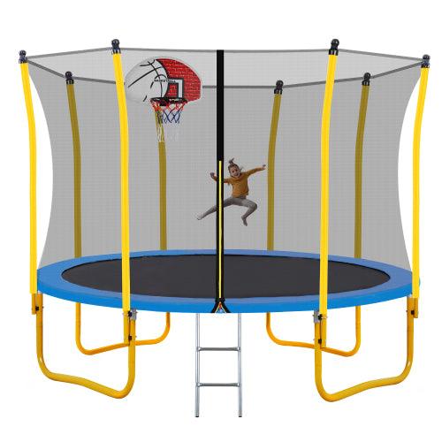 Trampolín de 12 pies para niños con red de seguridad y aro de baloncesto