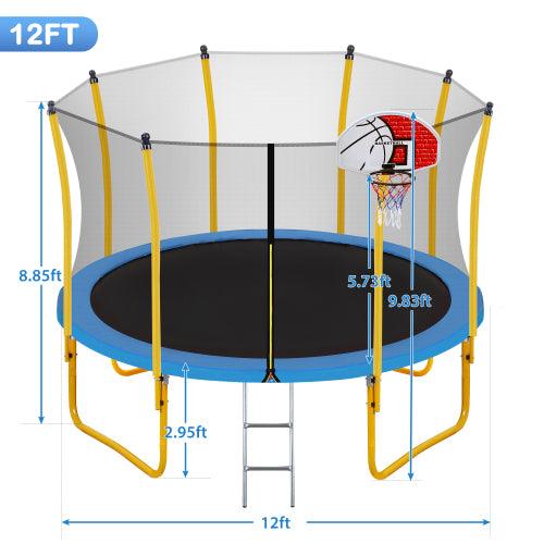 Trampolín de 12 pies para niños con red de seguridad y aro de baloncesto