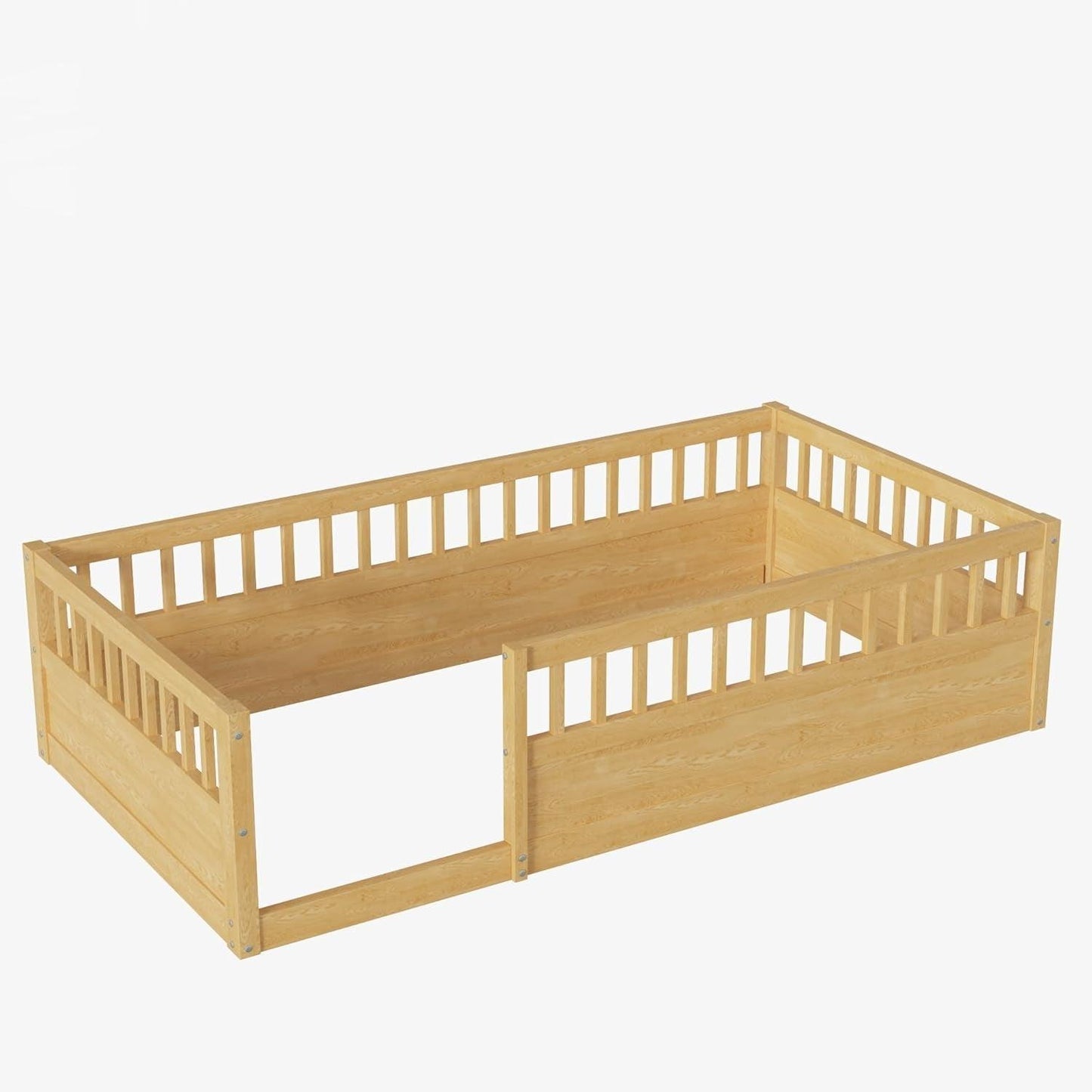 Cama de piso para niños, cama Montessori de tamaño doble con barandillas altas,