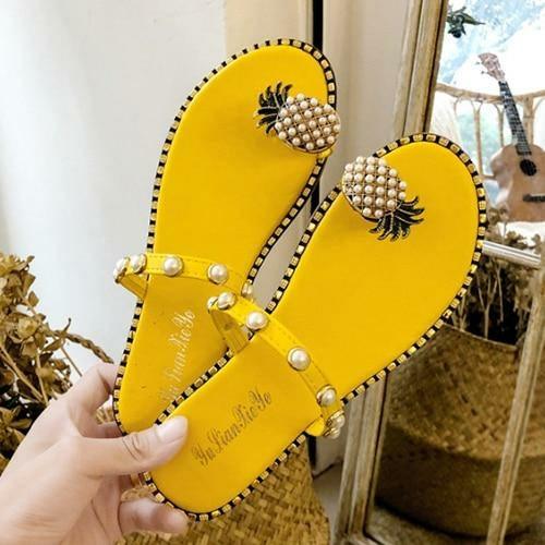 2021 Summer Beach Pineapple Flat Slippers Outside Slides Ladies Shoes