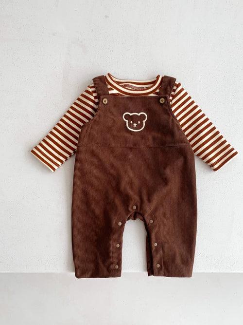 Conjunto de mono de pana unisex con cabeza de oso para bebé