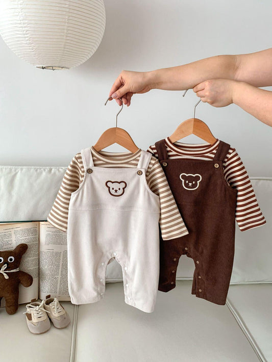 Conjunto de mono de pana unisex con cabeza de oso para bebé